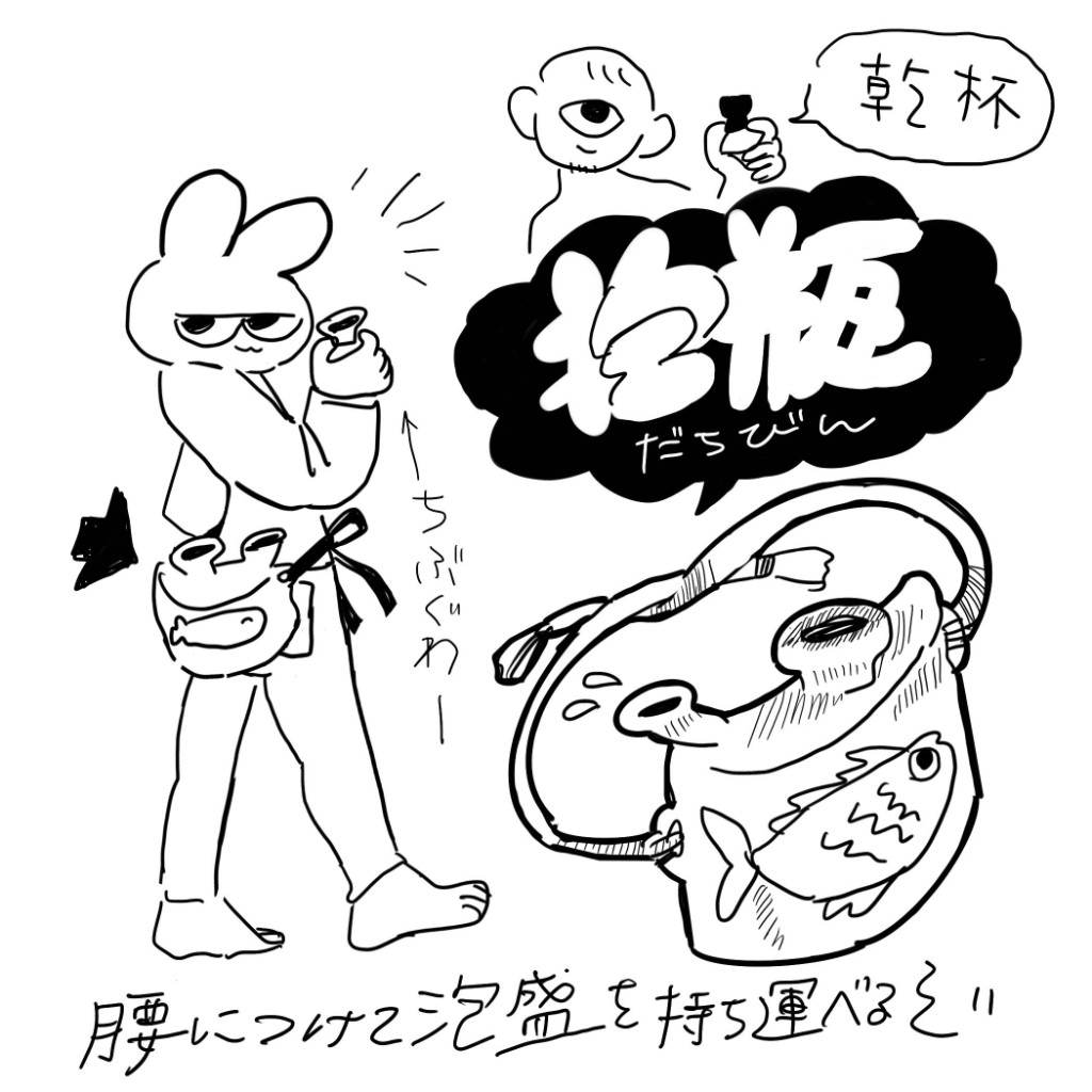 抱瓶を腰につけて泡盛を持ち運べる、というイラスト
